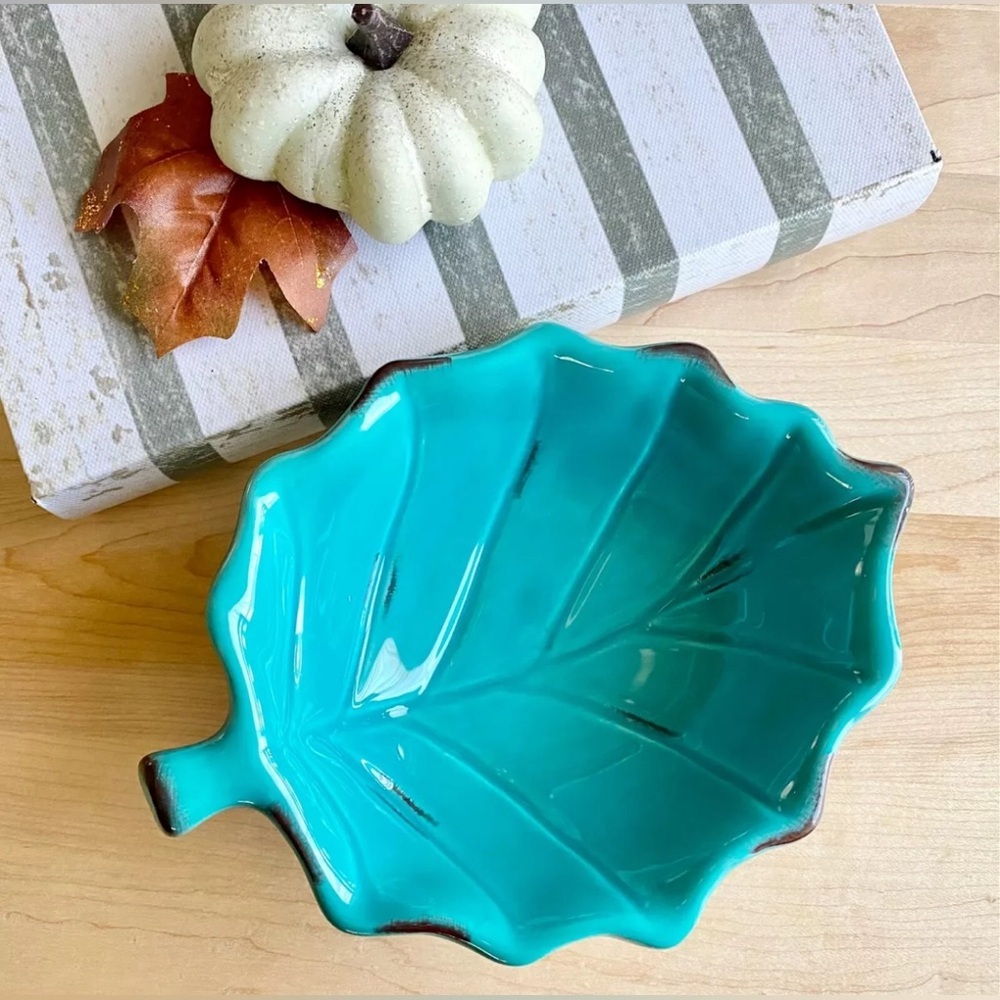 New Autumn Aqua Blue Leaf Distressed Glazed Ceramic Harvest Fall Decor Dish Bowl